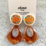 【１点のみ】【 chimie vintage-707 】ヴィンテージフラワーテキスタイルとブラウンリングの大振りイヤリング