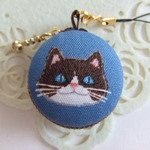 猫/青系30/マカロンコインケース(マカロンポーチ)ストラップ付