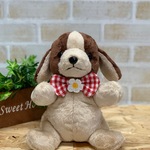 ミックスたれ耳わんこ　赤チェックりぼんと白色のお花