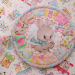 hana*ハンドメイド★レトロアニマルのまんまるぺたんこポーチ♪ホワイトバニー×ハローベイビー