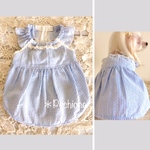 犬服 お袖ふりふりワンピ ♡ブルーストライプ 【受注製作】