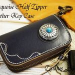 送料無料 コロンとフォルム!!ハーフジッパー レザーキーケース ハンドメイド 姫路レザー ターコイズコンチョ スマートキ- lkc28  手染めネイビー