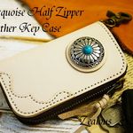 送料無料 コロンとフォルム!!ハーフジッパー レザーキーケース ハンドメイド 姫路レザー ターコイズコンチョ スマートキ- lkc28  タンロー(ナチュラル)