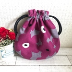 まん丸ミニ巾着（たくさんのお花、北欧風）ワインレッド