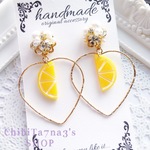 フルーツ と ハート フープ ×  ビジュー パール 夏 ピアス / イヤリング オレンジ