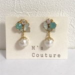 グリーンオパール×コットンパールイヤリング