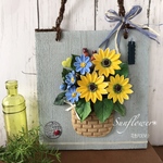 粘土の花・Smile♪ニコニコひまわり&小花の壁掛け・ピン付♡28㎝🌻現品限り