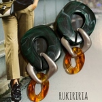 RUKIRIRIA #328 ダークグリーン×シルバー×べっこうチェーンピアス  大ぶりピアス 大ぶりイヤリング 