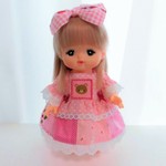 メルちゃんサイズ　パッチワンピース・ヘアリボン・ドロワーズ　3点セット　ピンク