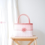華やかな花飾りのカゴバッグＭ＊バイカラーピンク