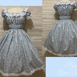 3周年記念特別価格★小薔薇シャーリング ワンピース★水色×ピンク花×白レース(即納品)