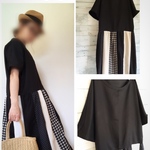 a.myu 七分袖へ変更可能♪Ｂ一枚でキマる♪リネン×パッチワーク♪黒ドット♪フリーサイズワンピース