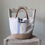 ブルーライン＊アンティークリネン*麻ヒモかごバッグ＊持ち手変更可