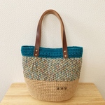★sale!!★革持ち手の麻ひもかごバッグ☆エスニックターコイズ☆