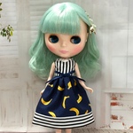 ワンピース バナナ柄 ネイビー系 ( ブライス、リカちゃん)