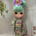 浴衣セット いちご花柄グリーン系  (8) ( ブライス、リカちゃん)