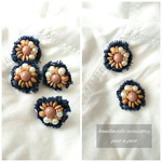 再販/デニムフラワー♡パール&ウッドビーズ刺繍ピアス/イヤリング