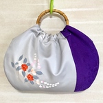 着物リメイクバッグ 花柄 ブルーグレー×紫 