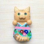 着物猫の箸置き　15種類　④番　椿とクリーム茶トラ猫