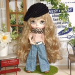 No.1643  パウダーピンクのトップスとデニムのワイドパンツ(ロング丈)