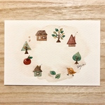 🏠透明水彩画「お家のリース」 北欧イラストポストカード２枚セット　鳥　りんご🏠