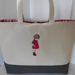 Ａ４サイズ可愛いフランスの女の子刺繍の帆布のトートバッグ　　　ホックとポケット付き