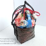 リバーシブル巾着付カゴバッグ★プチサイズ★ブルーバラ柄★浴衣に♪