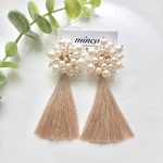 再販𓐍つぶつぶパール×フリンジ タッセル𓐍 ピアス  イヤリング フリンジ  大ぶり  淡色　グレージュ　くすみカラー　ロング　揺れる　金アレ対応