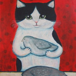原画 「かわいい小鳥を抱いた猫」 F20号 ＃大きい絵＃ねこ＃白黒猫の絵＃ハチワレ猫の絵＃小鳥の絵＃絵画＃アート＃通販