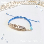 【限定】フェザー＆ターコイズのコードブレスレット ♡天然石《ブルー》検マリン羽ミサンガ