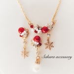 雪の結晶×レッドパール  ネックレス ピアス イヤリング セット