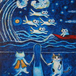 ★pina7373さま専用★原画 「大波と飛び猫の月夜に２」 F10号  ＃絵画 ＃通販 ＃ねこ ＃天使猫の絵 ＃海の絵 ＃星月夜の絵