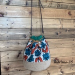 本革ショルダー付き  ＊麻ひも×布＊巾着バッグ