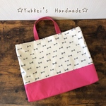 レッスンバッグ女の子 リボン柄　ｸﾞﾚｰﾘﾎﾞﾝ×生成×ﾋﾟﾝｸ