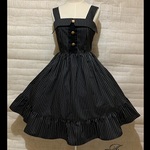 1点物*ピンストライプ 襟付きジャンパースカート★ブラック×白ピンストライプ×黒レース×メタルボタン（即納品）