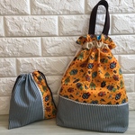 【SALE !!】ロボット×ヒッコリーストライプ♪大きめもち手つき巾着＊小巾着♪2点セット
