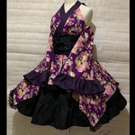 1点物＊着物風ホルターネックドレスセット/編み上げリボン ギャザースカート★紫×黒(即納品