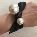 レザーリボン ビックパール ダブルパール  ヘアゴム  黒 