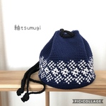 ころんとした巾着ショルダー／親子リンクコーデも可能♡／北欧柄／ネイビー×ホワイト