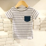 オーガニックコットンのボーダーデニムポケットTシャツ80～100cm 送料無料