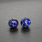 とんぼ玉　14mm　牡丹柄 青 2個