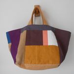 シンプルリネンランダムパッチ　　スクエアトートBAG　　Mサイズ　♪リネン・チェック アースカラー