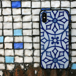 iPhone5/5s/SE/6/7/8/X/XS/XR/8 Plus/7 Plus 強化ガラスソフトケース シチリアンタイルデザイン/アンティークブルー・サークル　
