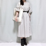 痩せてみえるストライプワンピ❺ベルト付きリネン混紡ロングナチュラルワンピ♪色有り【受注製作】  