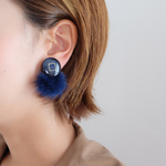 【再販】【 chimie vintage-873 】（ネイビー）ミンクファーとヴィンテージボタンイヤリング・ピアス