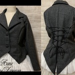 1点物*ウール テーラードカラー燕尾ジャケット ショートコート★ダークグレー×黒リボン編み上げ(即納品)