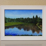 油絵原画『水田のある風景』　額縁付き