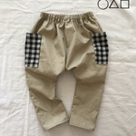 ナチュラルベージュ オシャレサルエルパンツ★ブロックチェックポケット付き