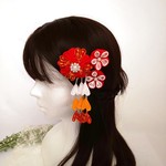 晴れの日の華−七五三 伝統工芸  つまみ細工 髪飾り 赤 かんざし Uピン 下がり付き