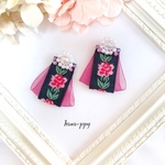 rose tyrolean tape× organdie ribbon flower bijou ピアスorイヤリングor樹脂ピアス